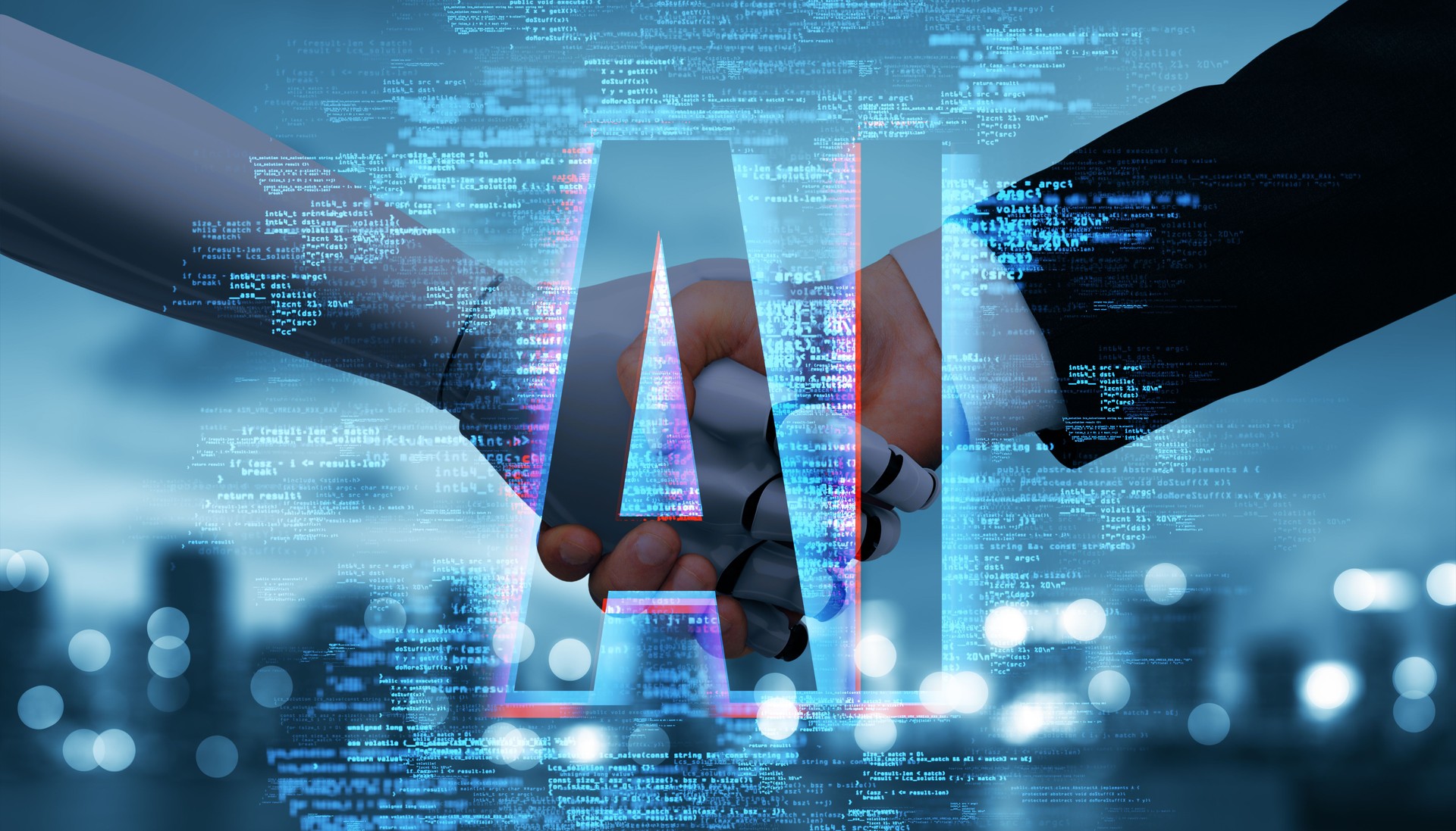 Handshake between human and robot with AI text overlay on digital background.